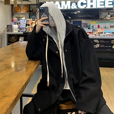 秋冬男假两件连帽大衣工装大口袋织带单排扣风衣外套DY303P80，男装风衣，星座1013-1