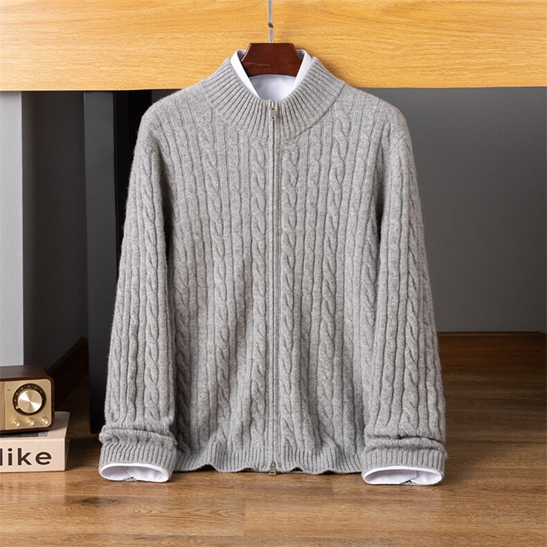 麻花加厚开衫男纯色圆领秋冬新款百搭拉链羊绒衫，男装羊绒套衫，启东羊绒