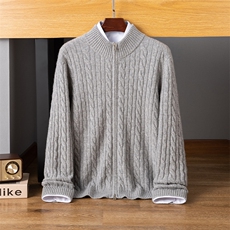 麻花加厚开衫男纯色圆领秋冬新款百搭拉链羊绒衫，男装羊绒套衫，启东羊绒