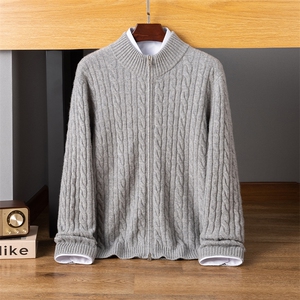 麻花加厚开衫男纯色圆领秋冬新款百搭拉链羊绒衫,男装羊绒套衫,启东羊绒