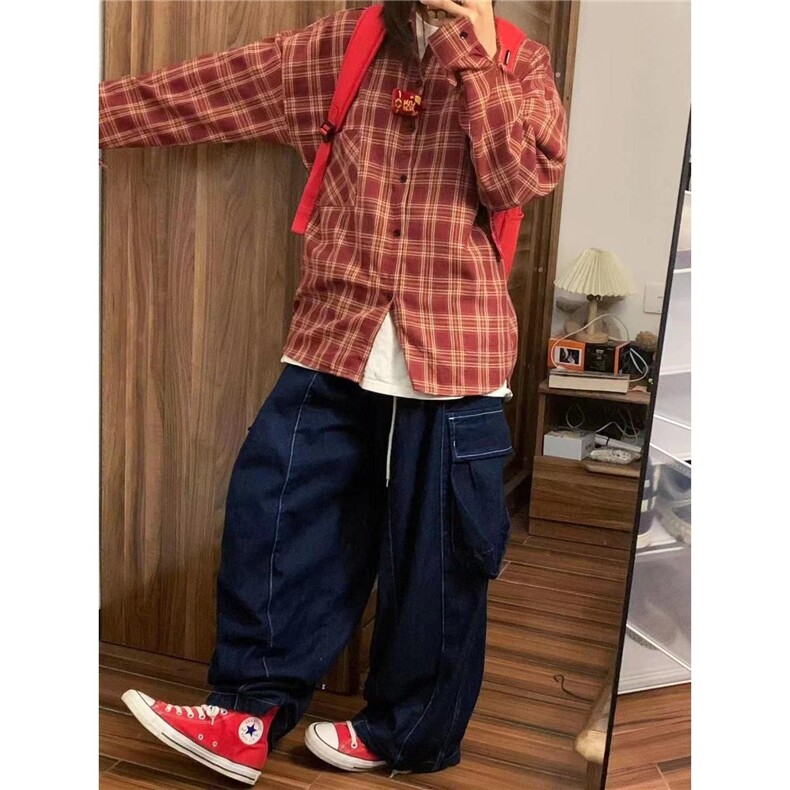 格子磨毛衬衫宽松长袖外套休闲2025新款设计复古上衣时尚衬衣,男装衬衫,星座506A