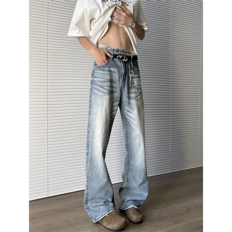 水洗做旧微喇牛仔裤男潮牌美式宽松复古直筒阔腿长裤子N05532-P52，男装牛仔裤，星座308B-1