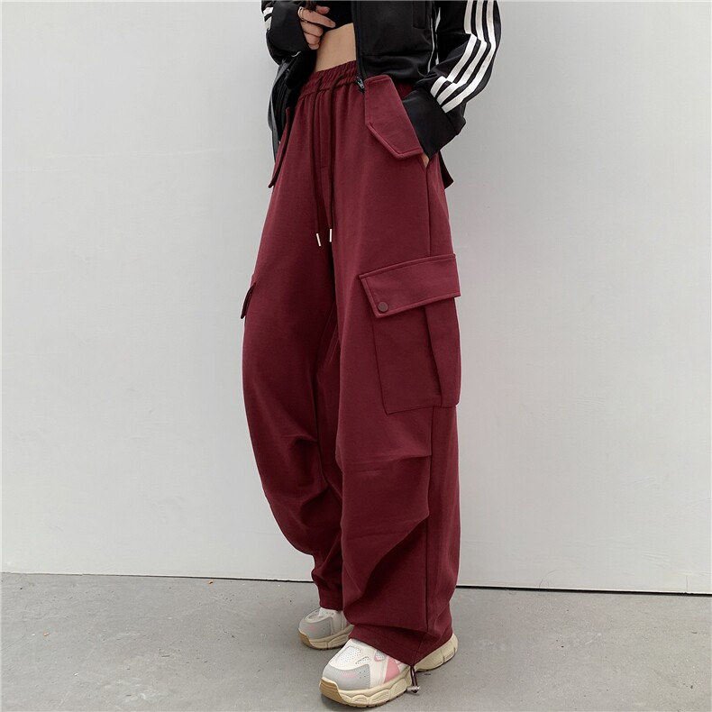 2024秋季新款美式工装卫裤女宽松休闲复古红色束脚运动阔腿裤潮,女装休闲裤,梦白服饰厂