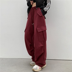2024秋季新款美式工装卫裤女宽松休闲复古红色束脚运动阔腿裤潮，女装休闲裤，梦白服饰厂