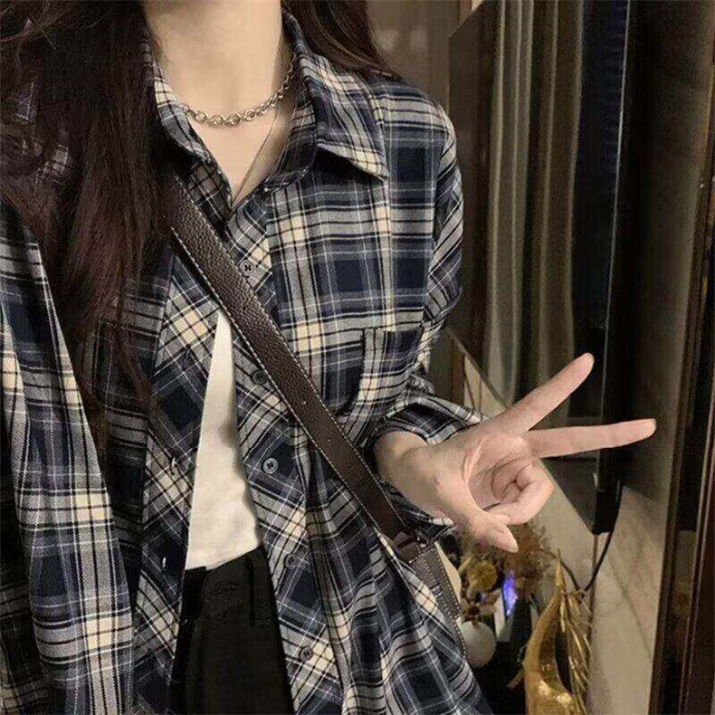 新款日系穿搭复古格子衬衫男女宽松休闲潮长袖衬衣外套LM1255-P35,男装衬衫,星座1008
