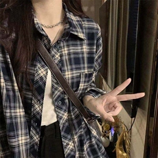 新款日系穿搭复古格子衬衫男女宽松休闲潮长袖衬衣外套LM1255-P35，男装衬衫，星座1008