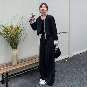 黑色蕾丝拼接西装套装女秋2025新款大方得体西服阔腿裤穿搭两件套图片