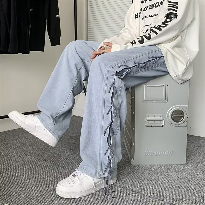痞帅炸街裤子高街ins潮牌牛仔裤男宽松直筒绑带裤阔腿裤NK838-P50,男装牛仔裤,星座1008