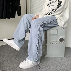 痞帅炸街裤子高街ins潮牌牛仔裤男宽松直筒绑带裤阔腿裤NK838-P50，男装牛仔裤，星座1008