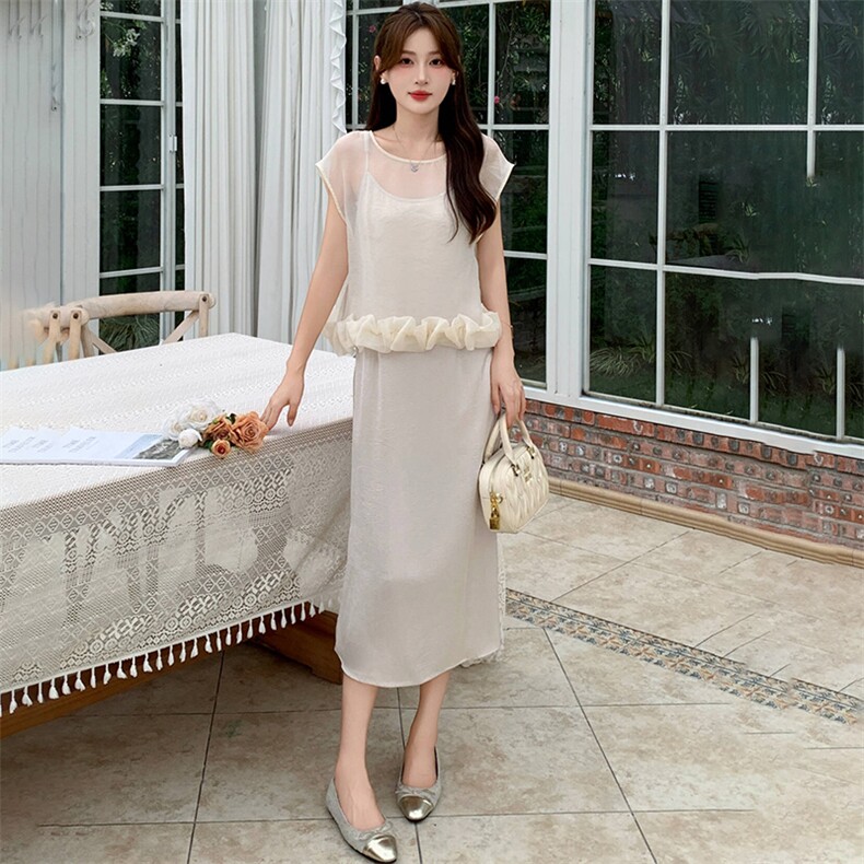 2025漂亮吊带连衣裙+网纱镂空上衣两件套夏天巨好看的套装女8876,女装套装/套裙,超帛