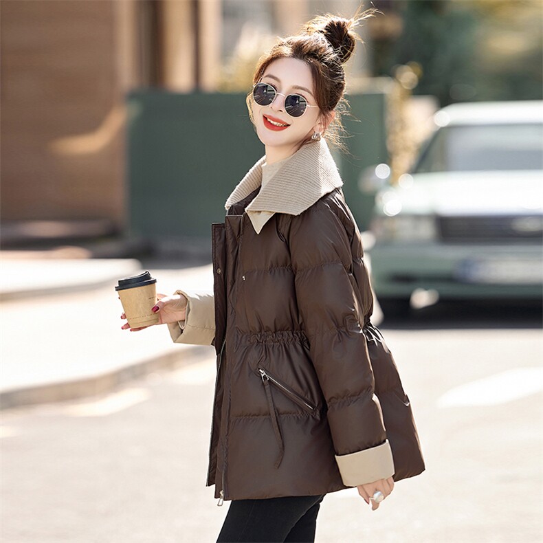 针织翻领洋气PU皮羽绒服女2025冬季气质收腰中长款白鸭绒保暖外套,女装羽绒服,慕咨