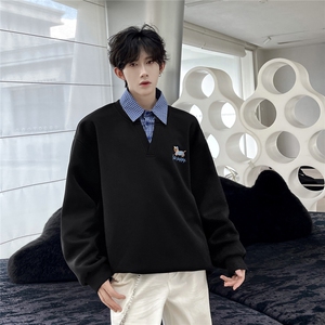 P68WY716 420克高品质含59%棉假两件领口拼接男女情侣宽松卫衣图片