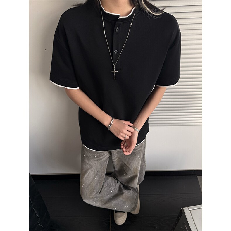 夏季新款港风日系简约假两件亨利领短袖T恤男XZ213-TX22-P35控68,男装T恤,星座213