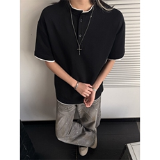 夏季新款港风日系简约假两件亨利领短袖T恤男XZ213-TX22-P35控68，男装T恤，星座213