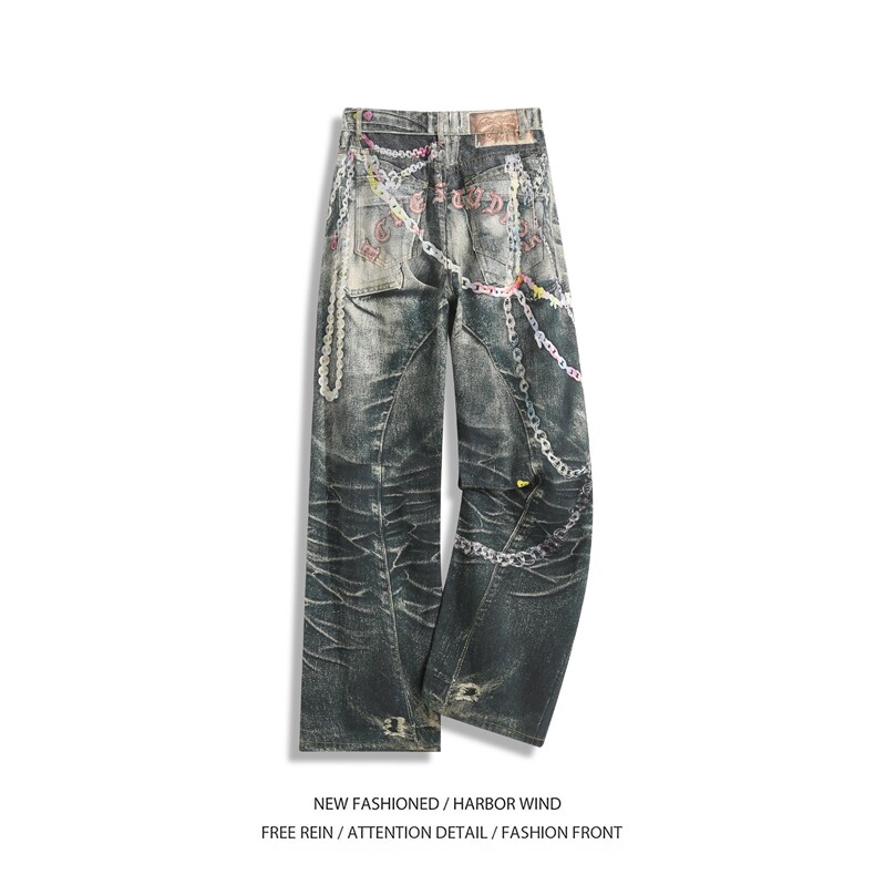 夏季新款美式高街水洗印花裤链设计牛仔裤B315-K25445-特p50控98,男装牛仔裤,电商B315