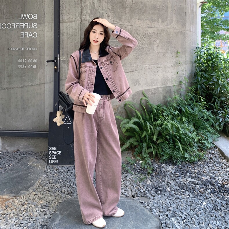 甜酷风撞色牛仔两件套女2025秋季新款洋气炸街美式休闲高腰阔腿裤,女装套装/套裙,2C317