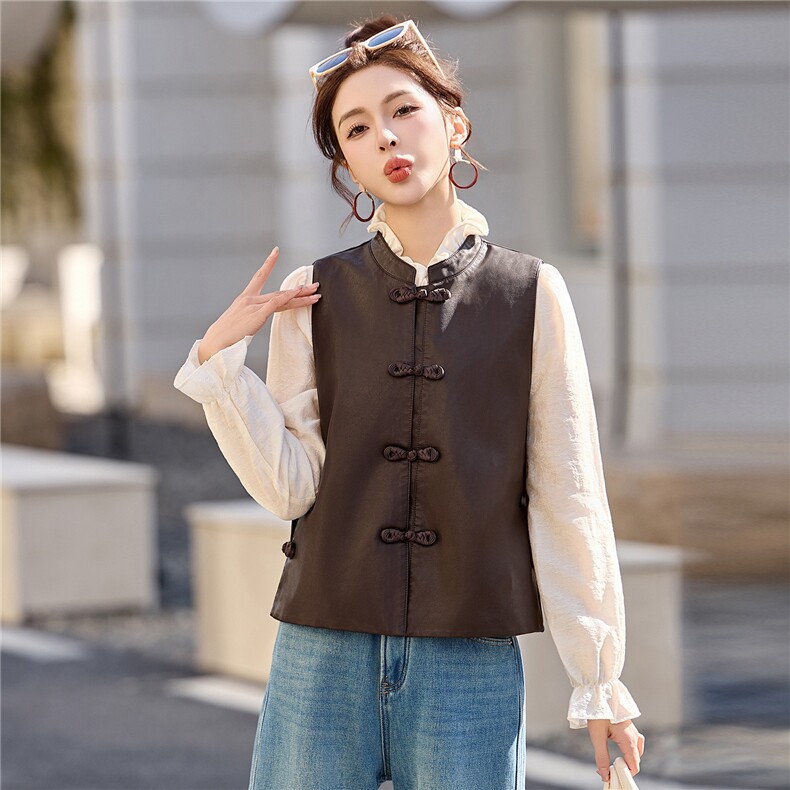 【2026春季新款现货】新中式复古盘扣皮衣马甲优雅气质高级重工,女装马甲,英标秀（1C119）