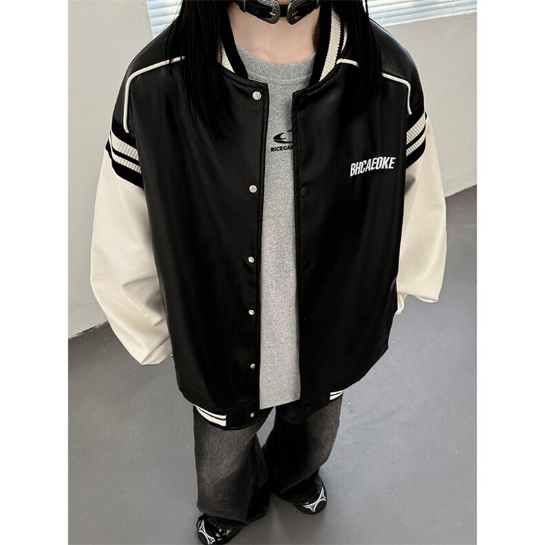 主推美式复古拼接罗纹pu棒球服情侣皮衣夹克外套男女G1094P108,男装夹克,电商A339