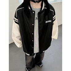 主推美式复古拼接罗纹pu棒球服情侣皮衣夹克外套男女G1094P108，男装夹克，电商A339