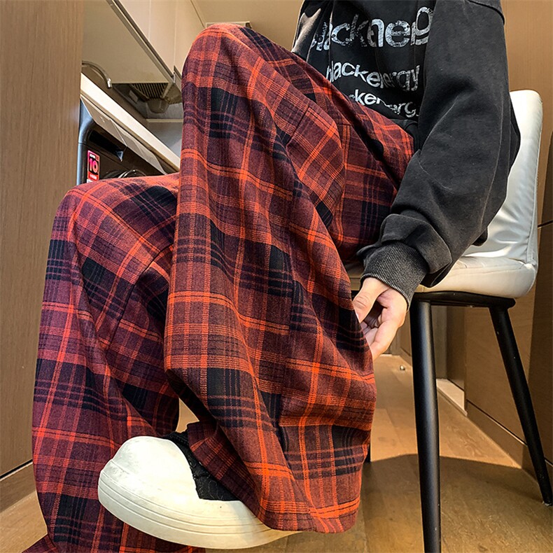 秋冬新款红色格子阔腿裤高腰直筒宽松休闲裤225-2-20833-P45图片