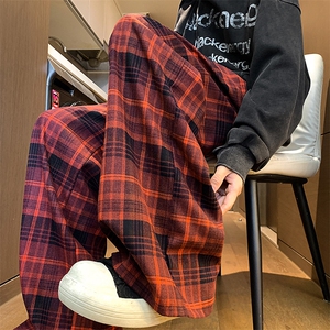 秋冬新款红色格子阔腿裤高腰直筒宽松休闲裤225-2-20833-P45图片