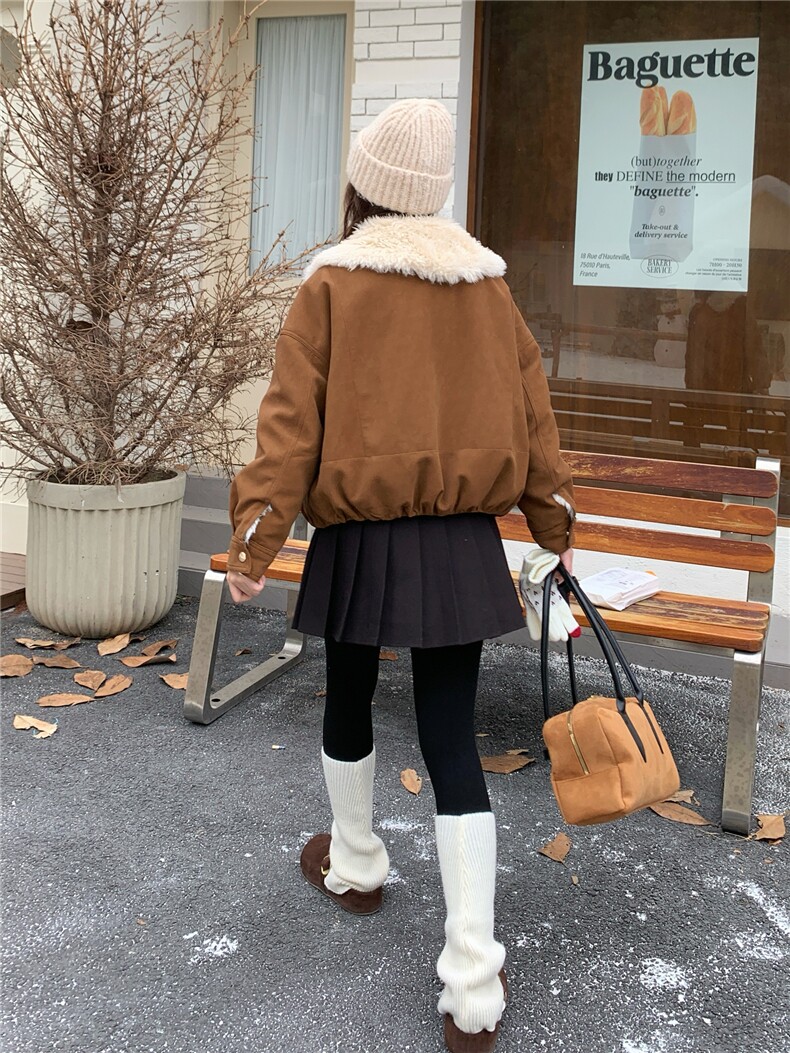 翻领麂皮绒短外套女加厚2025冬季新款小个子毛领保暖夹克皮毛一体,女装短外套,慧尚2-185