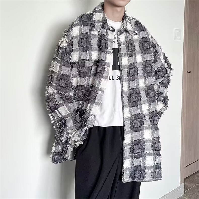 秋季韩版小众时尚潮流长袖衬衫男上衣格子毛边休闲痞帅衬衣C635,男装衬衫,星座1116A-1（原606A）