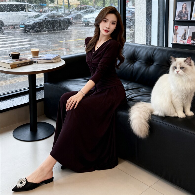 时尚气质减龄运动套装裙女春新款褶皱收腰V领上衣半身长裙两件套,女装套装/套裙,江南