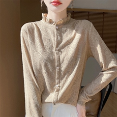 春季新款时尚潮流镂空针织提花长袖，女装衬衫，羊特美羊绒