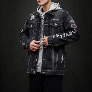 jk818-p80 M-5XL黑墙ins牛仔夹克绣花破洞大码男日系CITYBOY图片