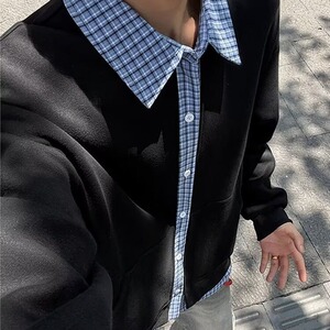 假两件格子拼接外套男新款美式卫衣开衫夹克AA90-P43图片