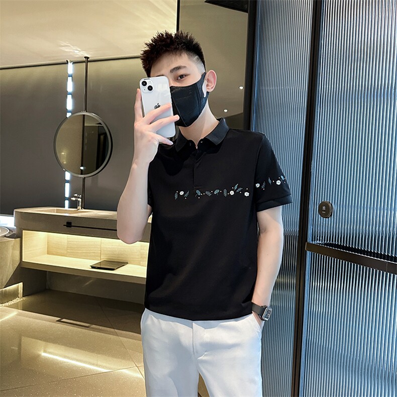 2023花朵刺绣夏季短袖T恤翻领Polo衫小伙风时尚半袖T0264-P50,男装T恤,电商D342