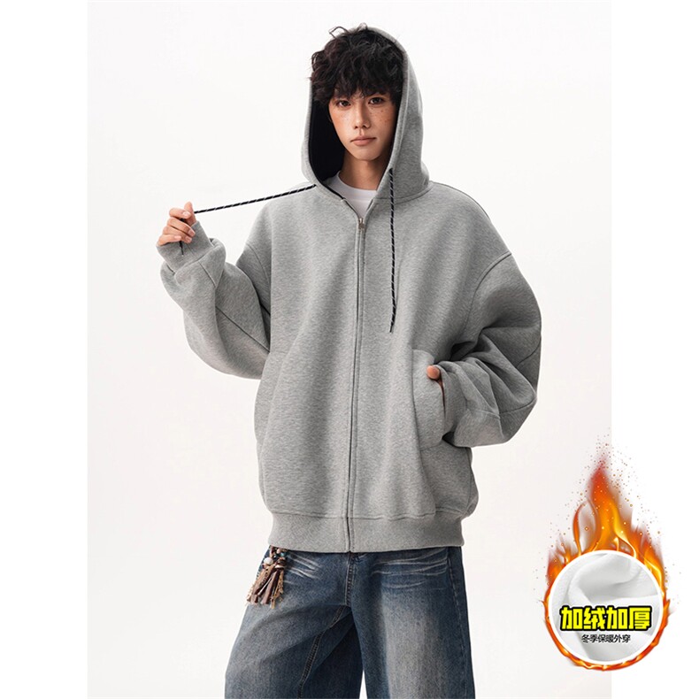 480G重磅加绒硬挺boxy男女秋冬美式高街双层撞色连帽卫衣开衫外套，女装短外套，电商A486-1