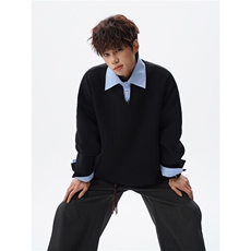 麦穗肌理感衬衫领拼条纹假两件卫衣大码上衣POLO衫外套LW618特P45，男装Polo衫，电商B215