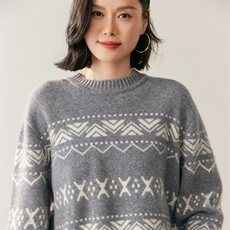 秋季新款圆领撞色提花时尚休闲针织衫，女装针织衫/毛衣，鸥蕊娅羊绒