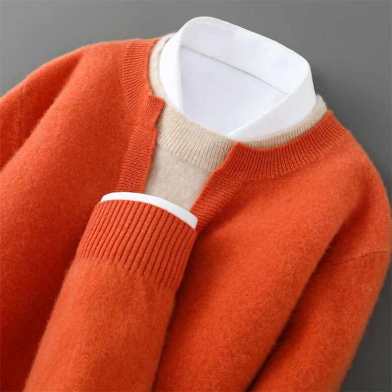 2025年秋季时尚百搭假两件圆领青春流行羊毛衫，男装羊毛衫，嘉日羊绒