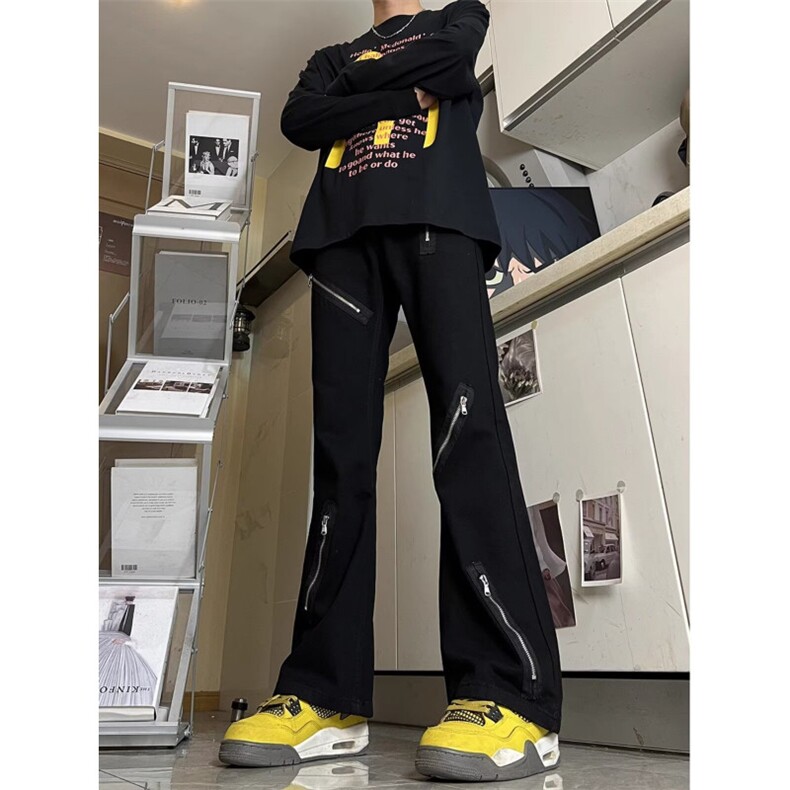 美式高街暗黑宽松微喇叭黑色牛仔裤多拉链小众设计感男女休闲裤子,男装牛仔裤,星座506A
