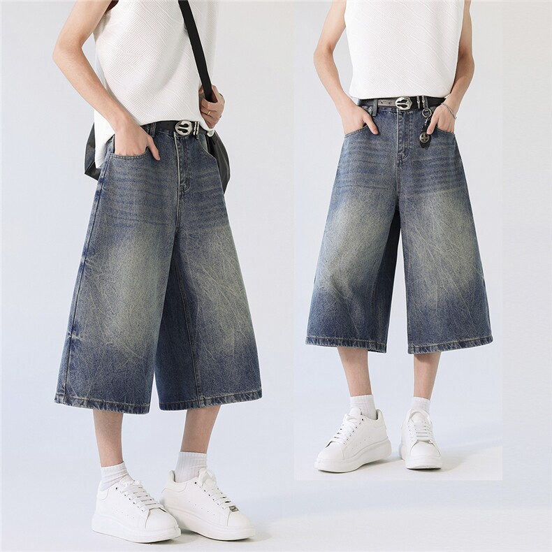 美式复古高腰宽松阔腿裤百搭垂感直筒七分裤牛仔裤K7013TP50，男装牛仔裤，电商D325