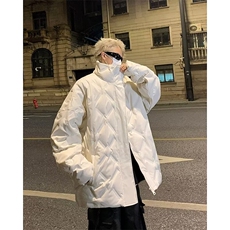 2024冬季黑色菱形格羽绒棉服男女款立领加厚面包服工装外套MY228，男装棉衣，星座506