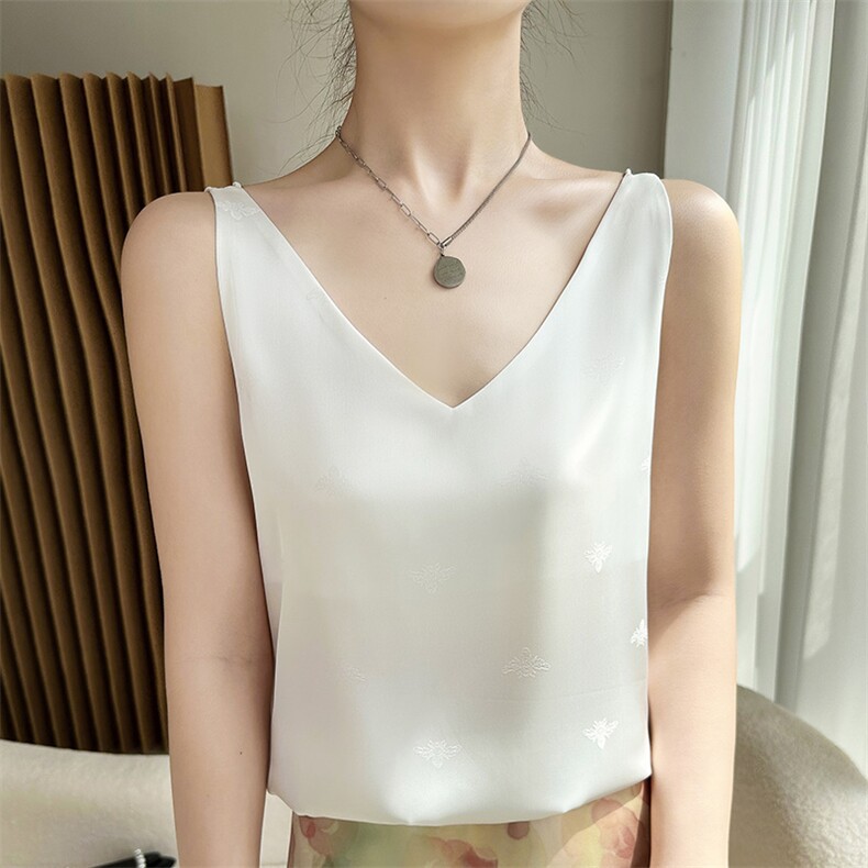 高级感真丝吊带背心女内搭醋酸上衣打底设计感提花V领背心配西装，女装背心吊带，朝贺羊绒