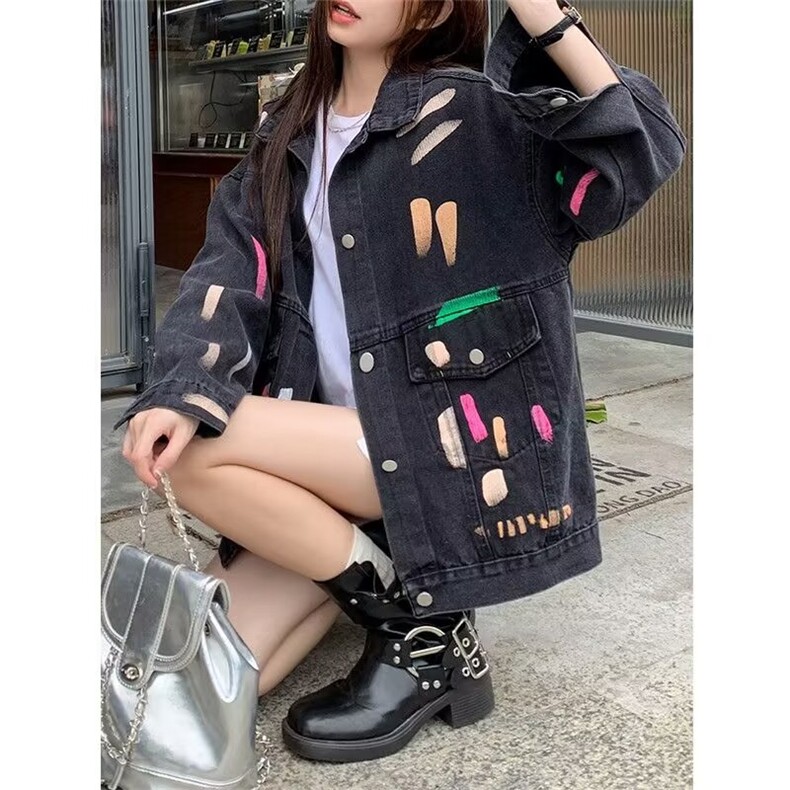 887-P52彩色涂鸦牛仔外套女春秋新款大码胖MM设计感小众,男装工装外套,电商B323A