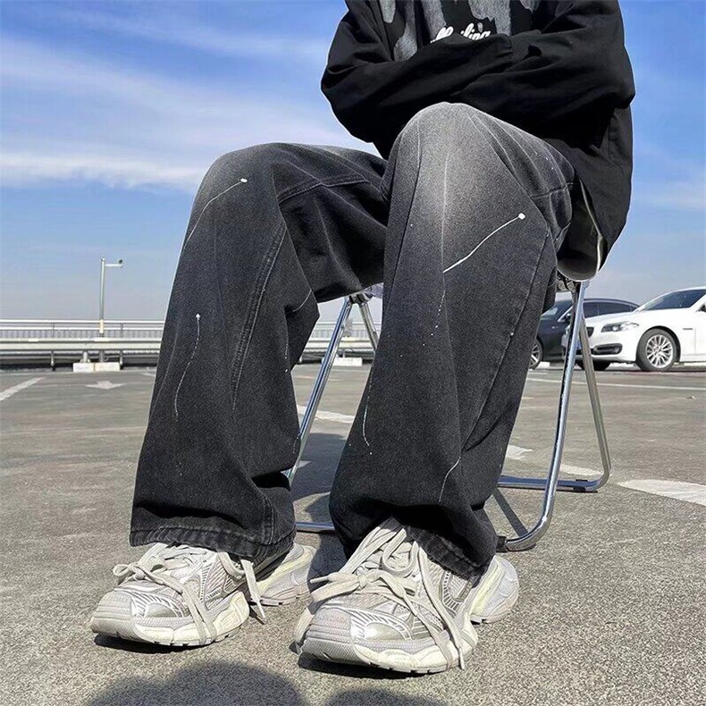 DY9142-P46美式复古黑色牛仔裤男潮牌泼墨宽松阔腿直筒裤子男生,男装牛仔裤,星座603-2
