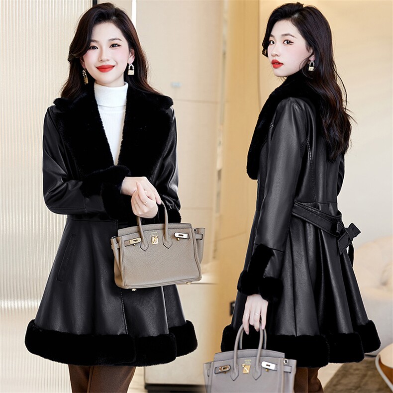2023秋冬新款女装韩版中长款修身裙摆大衣显瘦皮毛一体小个子外套，女装皮衣，江南女神