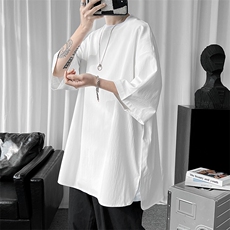 白色冰丝开叉短袖T恤男夏季薄款潮牌ins冷淡风高级感国潮七八分袖，男装T恤，电商A177