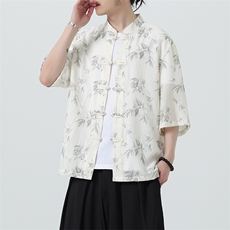 2025夏季新款风男汉服盘扣新中式唐装竹叶印花衬衫C107-P55，男装衬衫，电商B277(原6028)