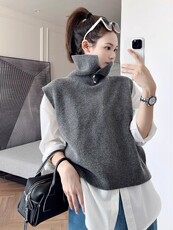春秋羊毛针织马甲女款2024新款高领叠穿毛衣无袖背心坎肩上衣，女装马甲，丽特绒