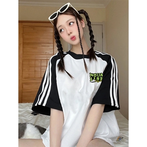 夏季美式高街重磅纯棉三条杠织带插肩撞色男女短袖T恤CZ18-特P25