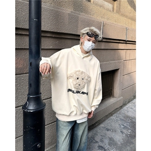 美式复古毛绒小狗刺绣连帽绿色卫衣男女宽松慵懒风高级感外套Y809图片