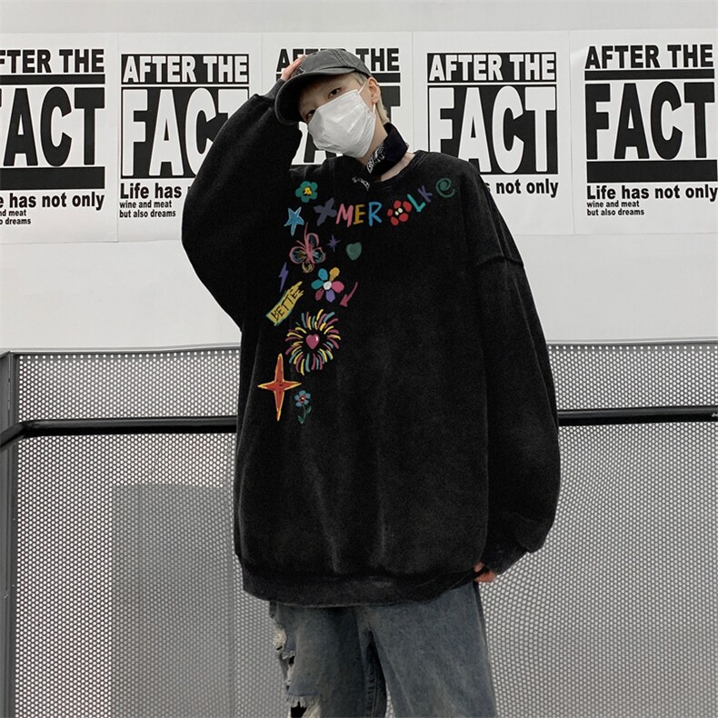 重磅水洗纯棉小领口长袖T恤男士秋季潮牌手绘涂鸦宽松内搭打底衫,男装卫衣,星座517A