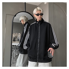 秋季380克全棉宽松条纹拉链套头卫衣立领POLO衫外套AH914-P42，男装Polo衫，四季星座610B